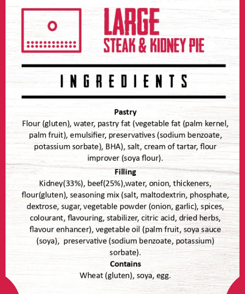 Large Steak & Kidney Pie Ingredients